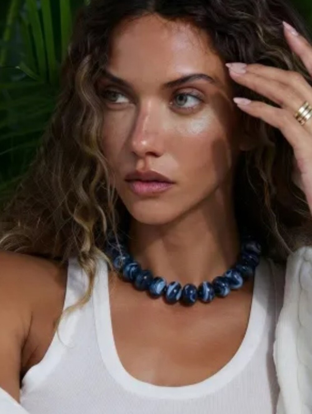 New! Marbled Dark Blue Beaded Statement Necklace • 1085
